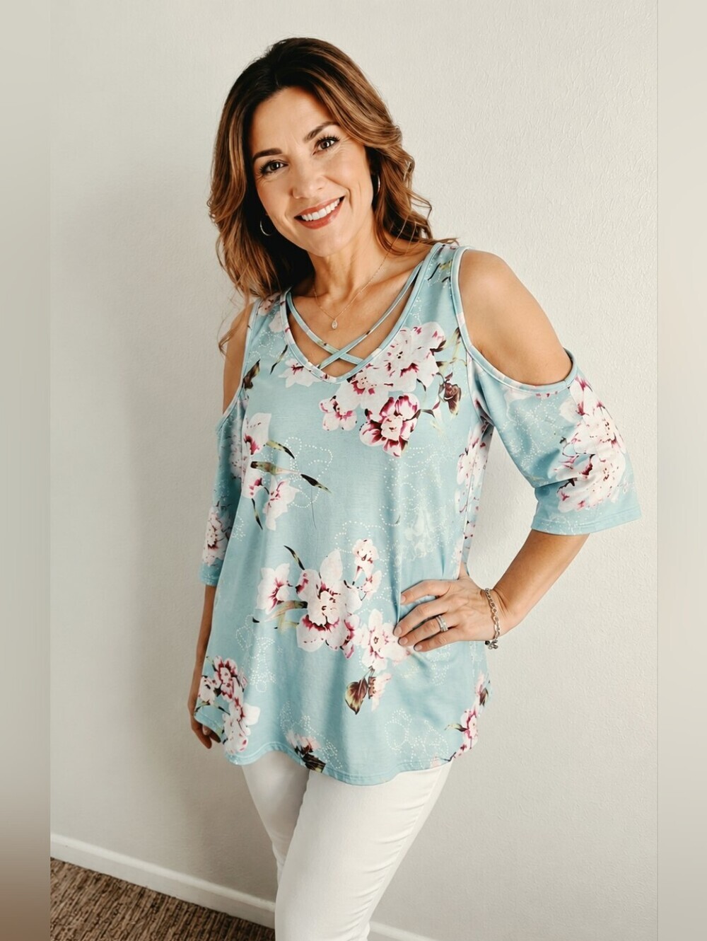 Zzer Cold-Shoulder Green with Pink Floral Print Top, Criss-Cross Neckline, Large